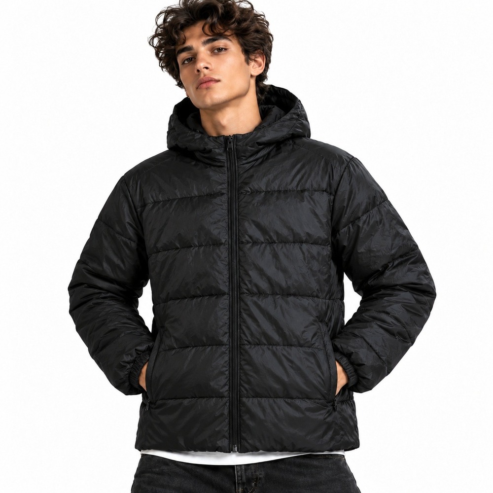 Eddie Bauer Jacket Mens L Black Wide Channel Hooded Down Puffer Winter Coat